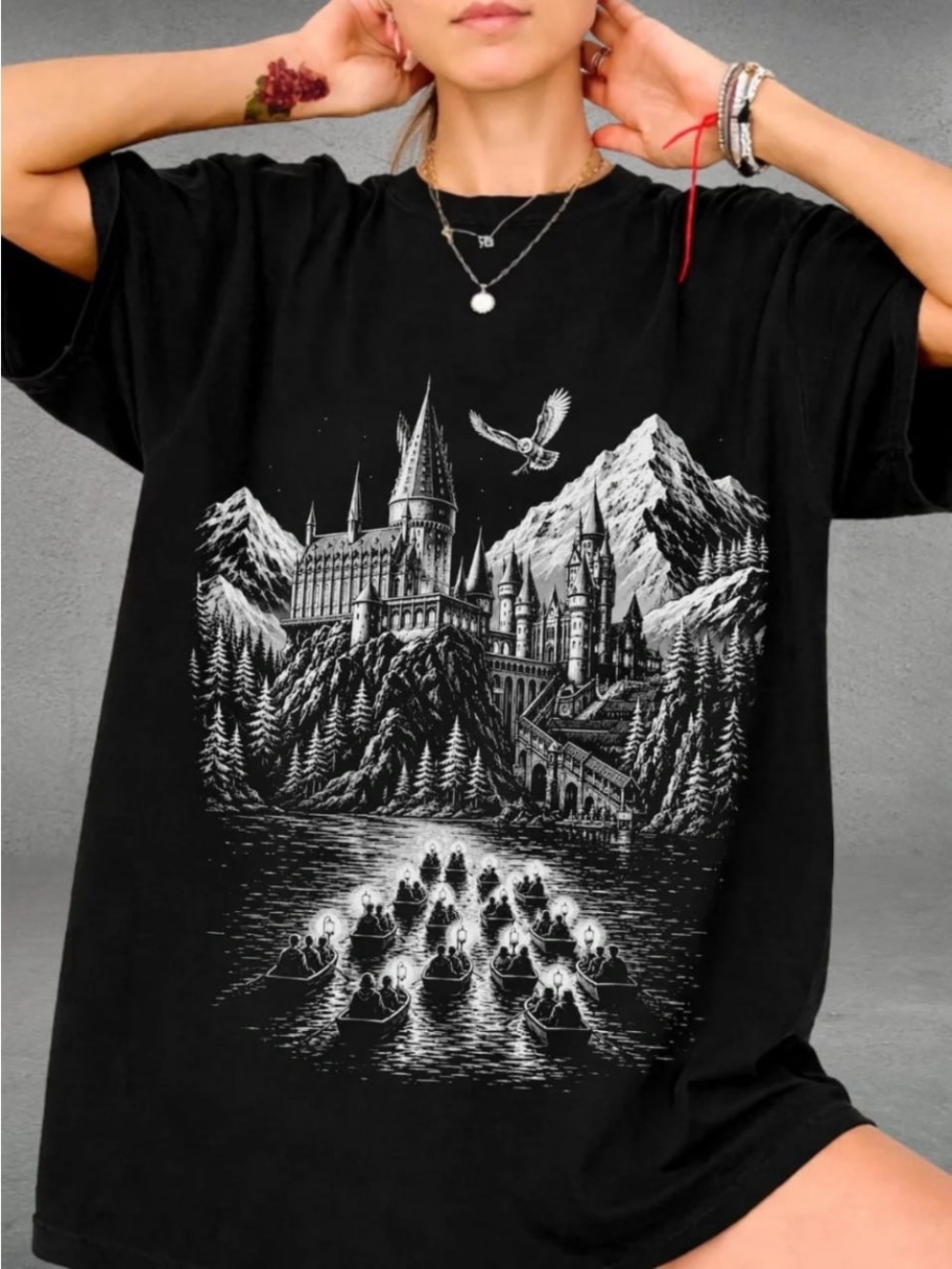 Black Short Sleeve Tee with White Castle & Boats Graphic